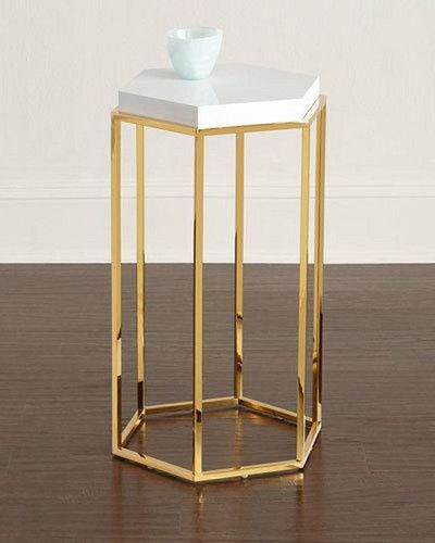 میز عسلی 6 ضلعی پایه طلایی با رویه هایگلاس یا سنگ