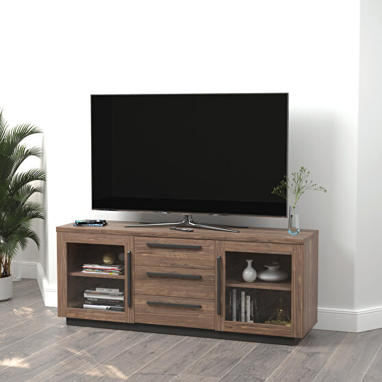 فروش میز تلویزیون ام دی اف با روکش چوب دارای کشو و قفسه
